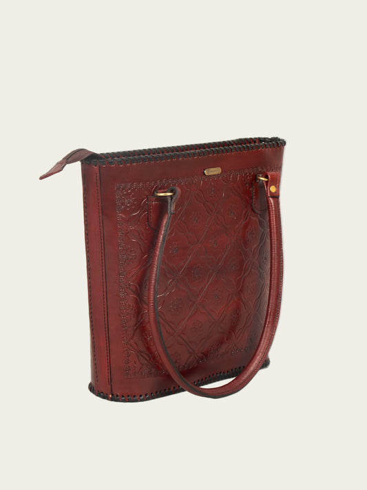 Woman carrying Tan & Brown branded leather tote bag, perfect for office and everyday use.