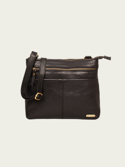 Compact leather crossbody bag with mobile slot and zip compartments