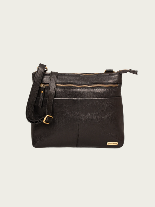 Compact leather crossbody bag with mobile slot and zip compartments